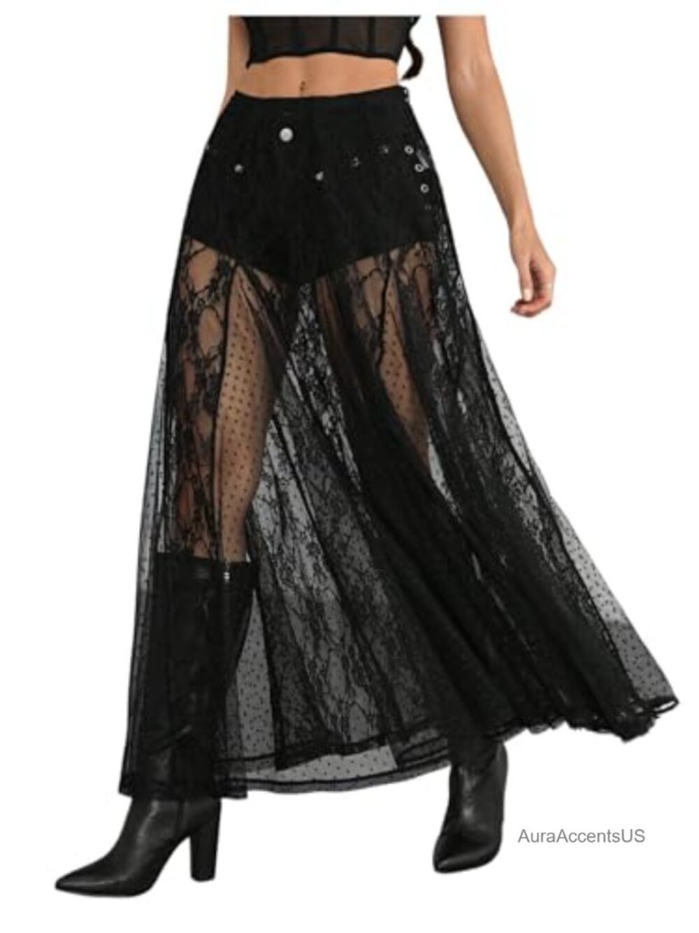 Sheer Contrast Lace A-Line Flared Maxi Skirt Low Rise